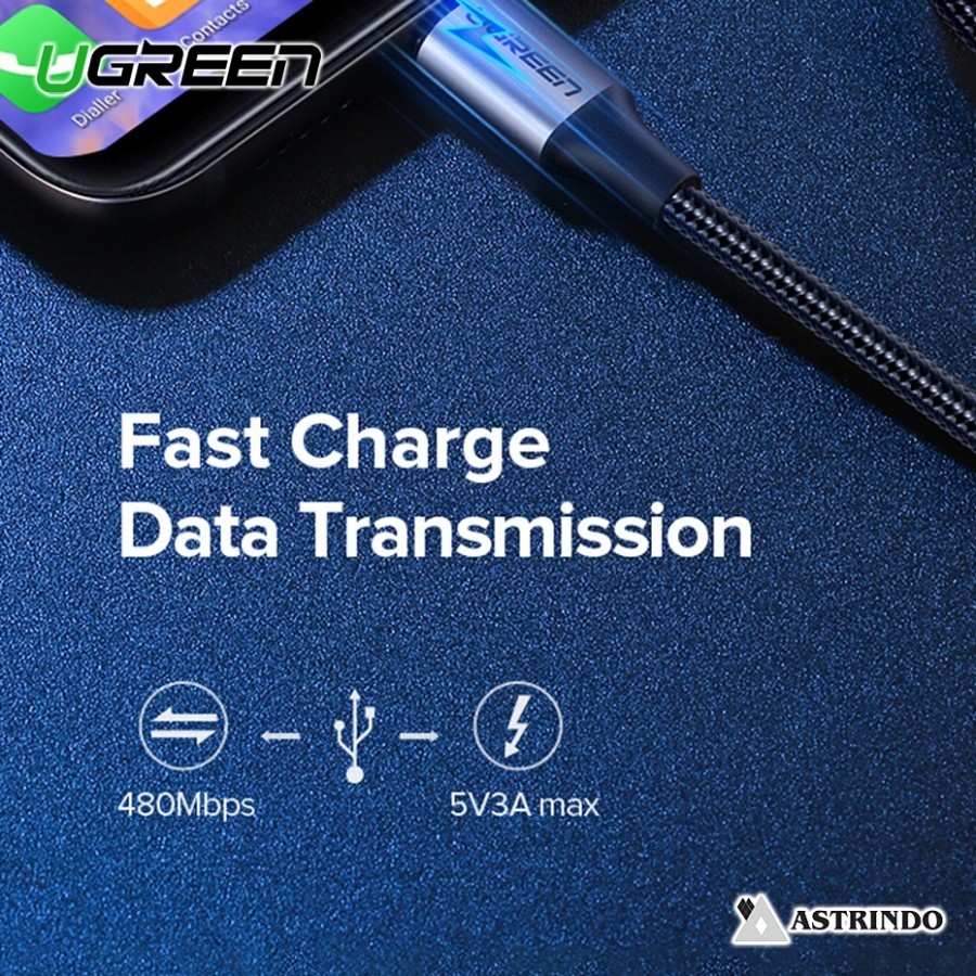 Ugreen Kabel Data USB-A to C 2.0 3A 60W Fast QC3.0 Braided US288 - 3M Black - Image 4