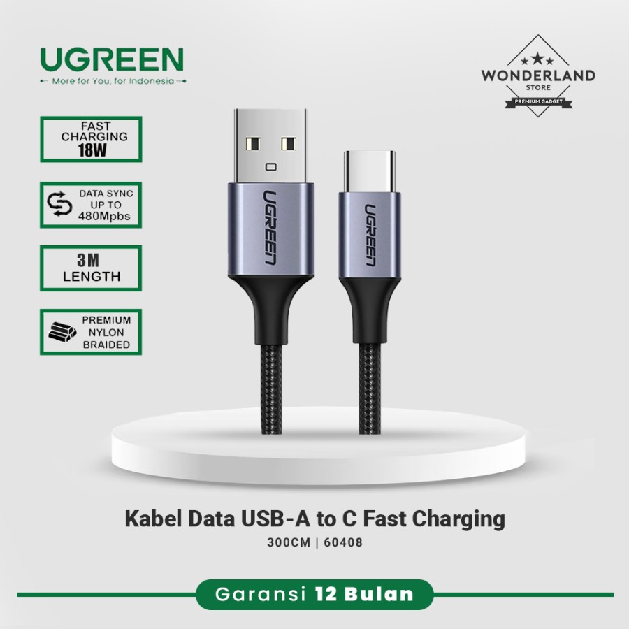 Ugreen Kabel Data USB-A to C 2.0 3A 60W Fast QC3.0 Braided US288 - 3M Black